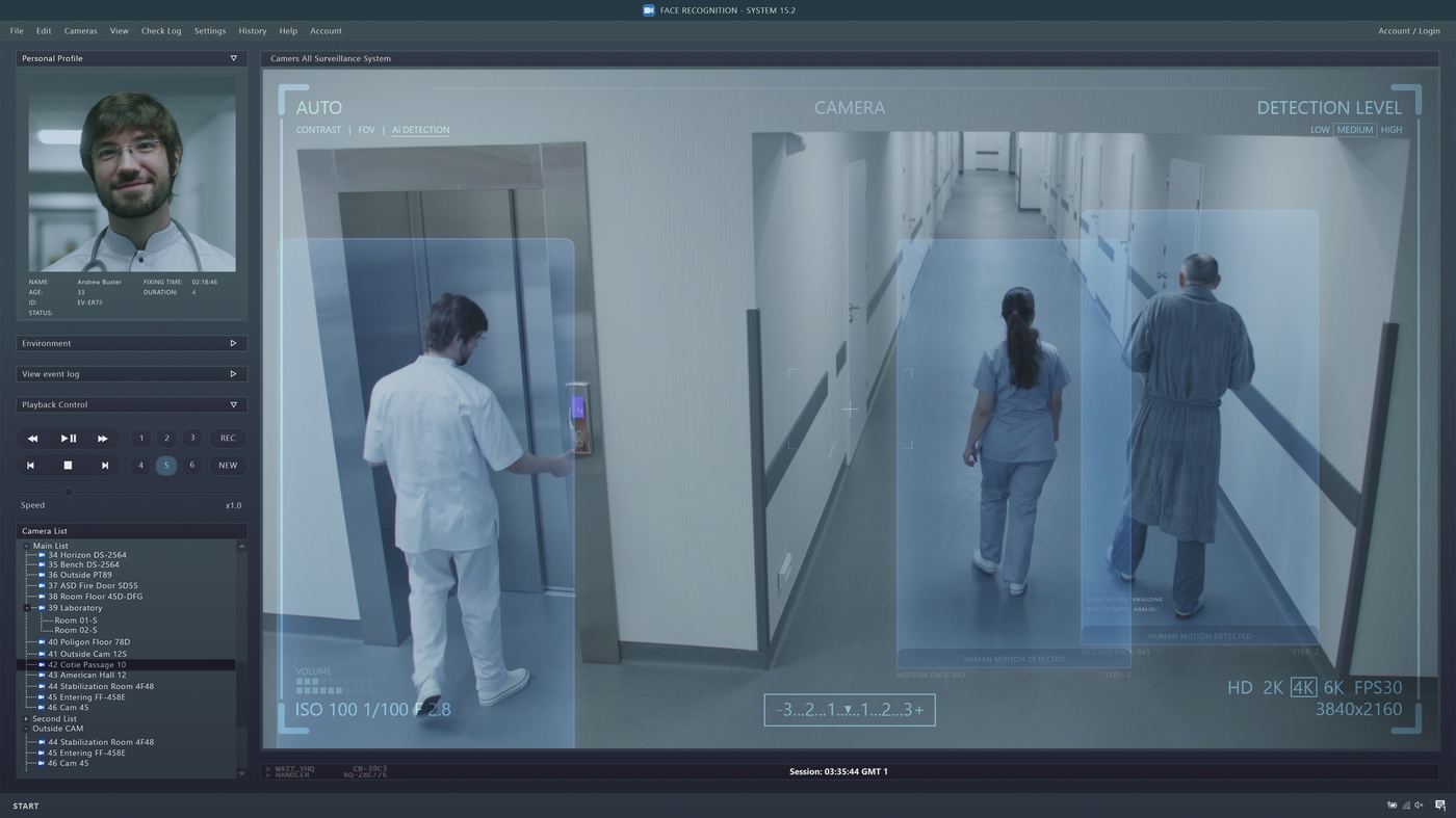 Hospital surveillance control screen showing AI-assisted camera monitoring in a clinical hallway