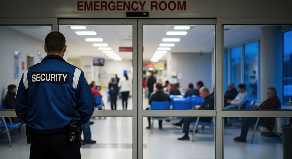 Security guard on duty at a hospital emergency room entrance