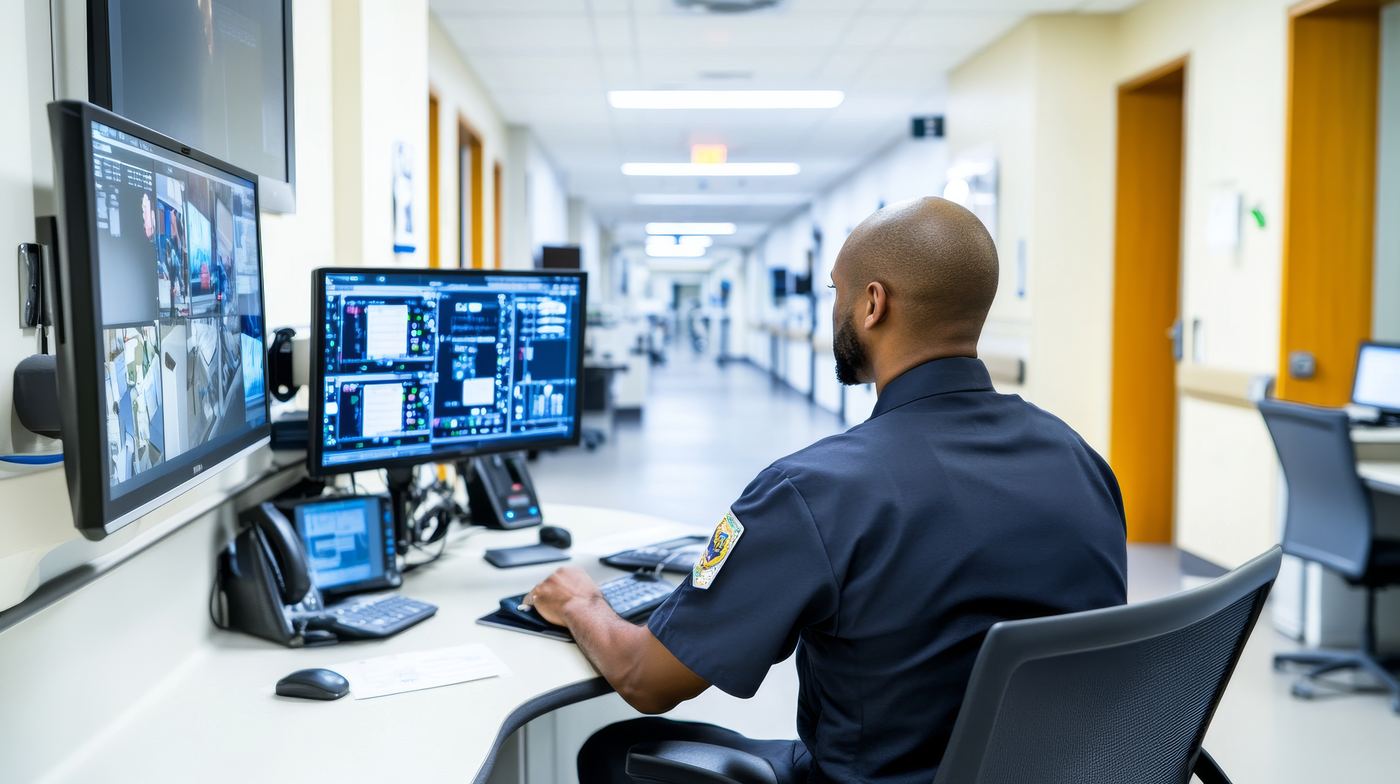 Hospital security officer monitoring surveillance screens from a desk in a hospital corridor