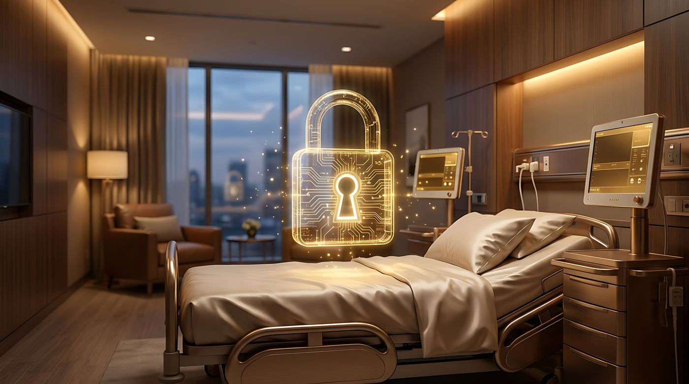 Hospital patient room with a digital security lock overlay, representing incident readiness and protection
