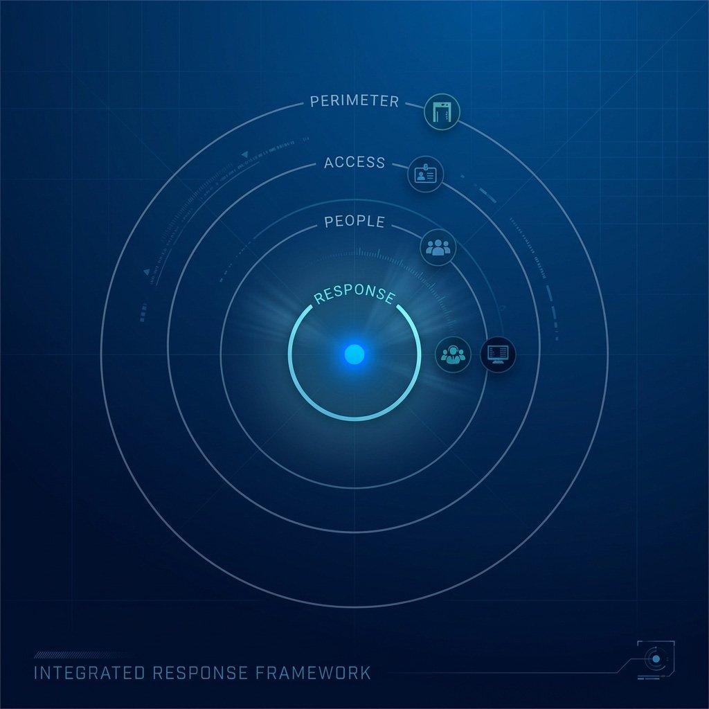 Integrated Response Framework diagram showing four layered security areas: Perimeter, Access, People, and Response