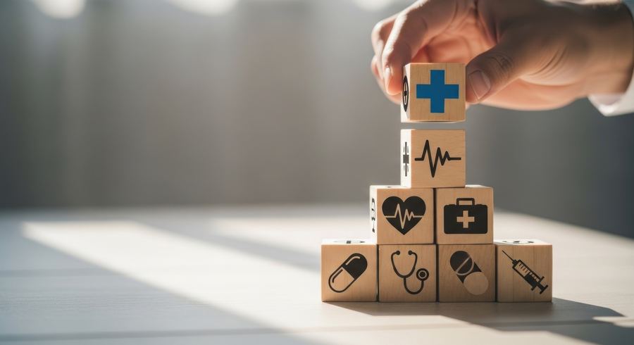 Building blocks with healthcare icons, representing the foundations of a security readiness checklist