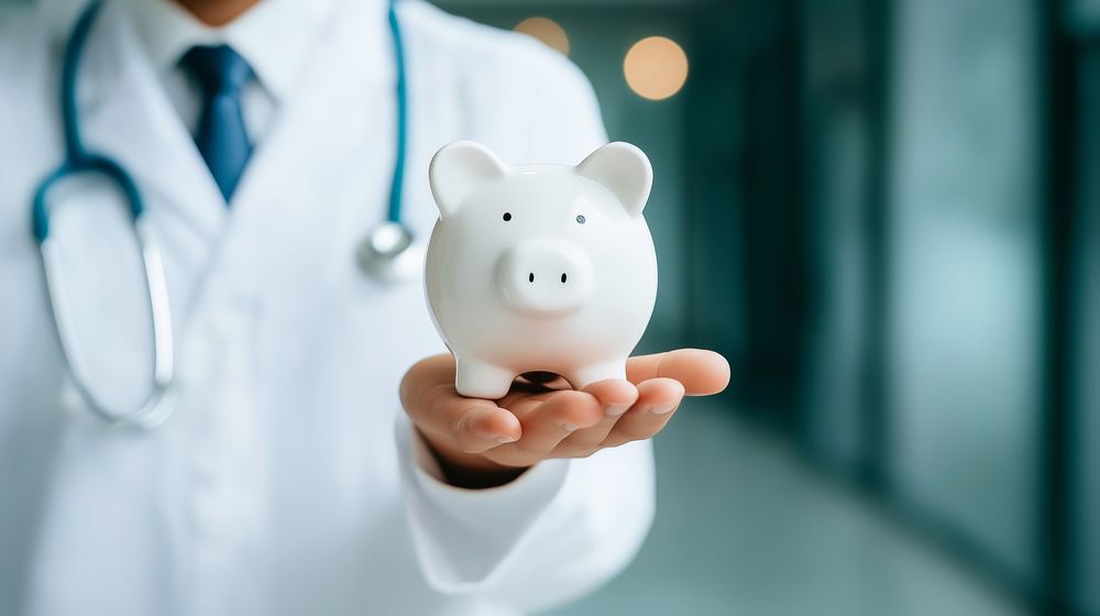 Doctor holding a small piggy bank, representing affordable, budget-conscious security guidance for independent practices