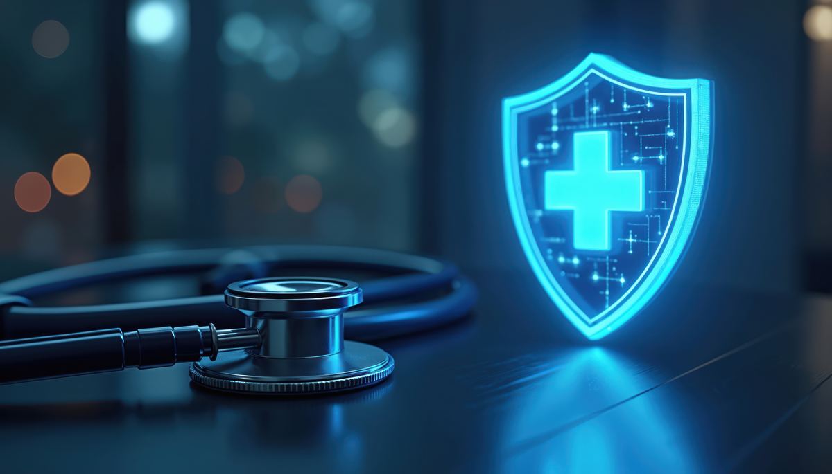 Stethoscope beside a glowing digital shield, symbolizing the connection between healthcare and security